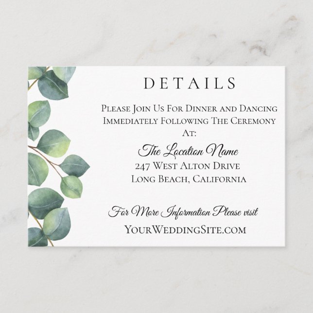 Carte D'accompagnement Détails de mariage au feuillage d'eucalyptus (Devant)
