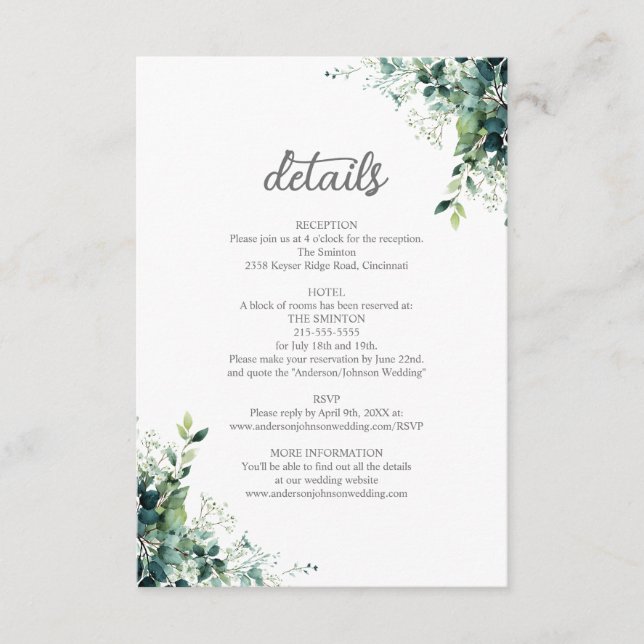 Carte D'accompagnement Détails de mariage au monogramme de verdure d'euca (Devant)