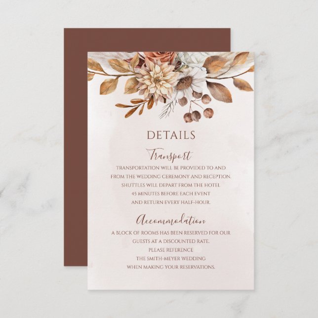 Carte D'accompagnement Détails de mariage automnal boho fleurs rouille te (Devant / Derrière)