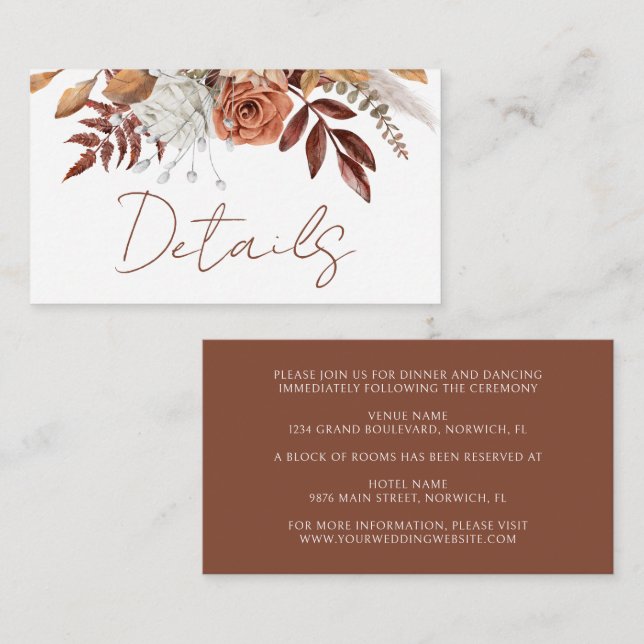 Carte D'accompagnement Détails de mariage automnal boho floral rustique e (Devant / Derrière)