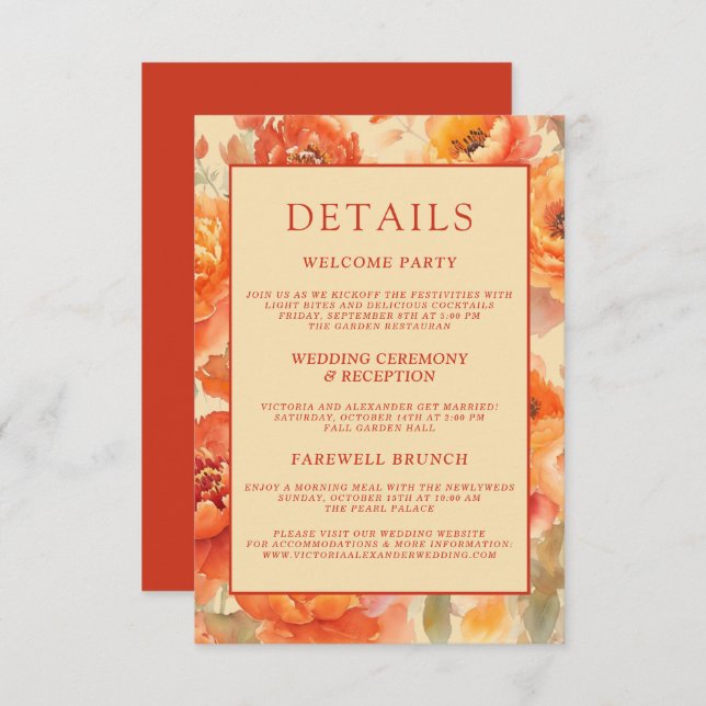 Carte D'accompagnement Détails de mariage automne floral orange brûlé (Devant / Derrière)