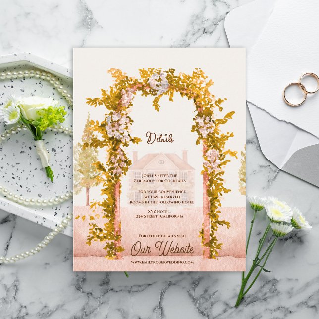 Carte D'accompagnement Détails de mariage avec arche de jardin à l'aquare (Elegant Watercolor Garden Arch Wedding Details Card Rustic Countryside Information Enclosure Card)
