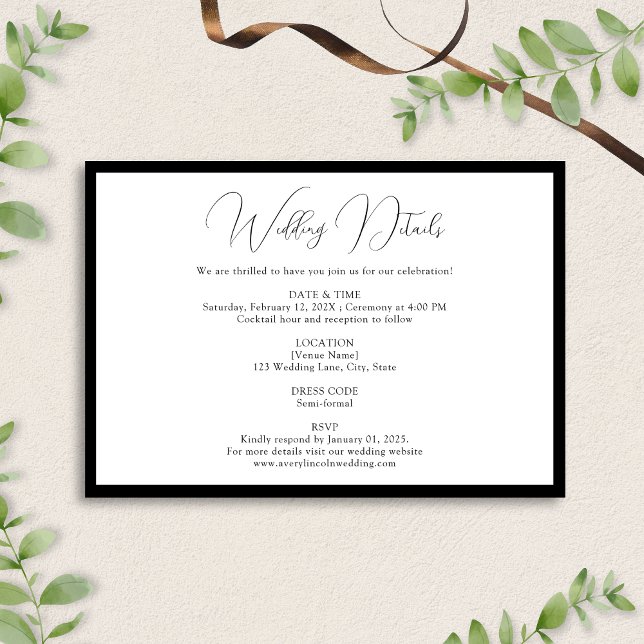 Carte D'accompagnement Détails de mariage avec bordure de script noir et  (Créateur téléchargé)
