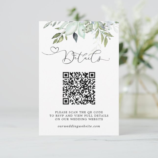 Carte D'accompagnement Détails de mariage avec code QR et feuillage de ve (Debout devant)