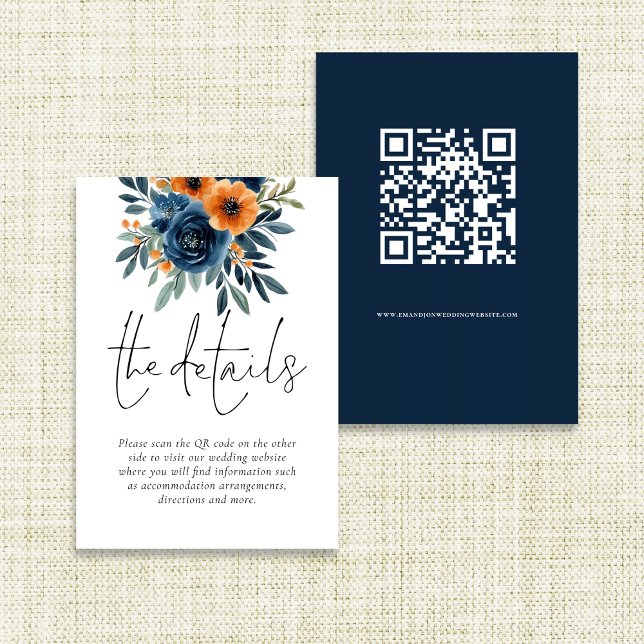 Carte D'accompagnement Détails de mariage avec code QR Fleurs Orange Brûl (Front and back view)