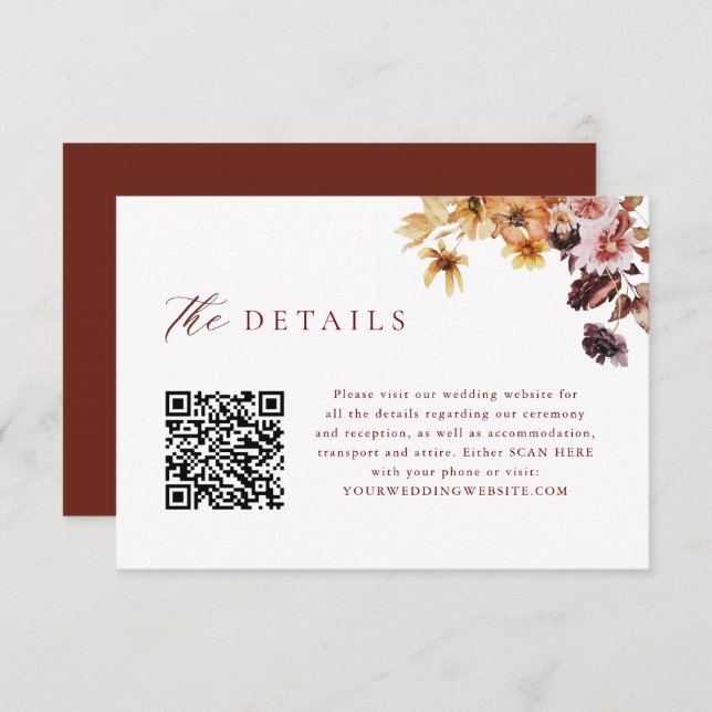 Carte D'accompagnement Détails de mariage avec code QR floral automnal ru (Devant / Derrière)