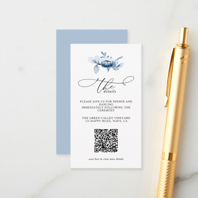 Carte D'accompagnement Détails de mariage avec code QR floral poussiéreux (Devant/Arrière en situation)