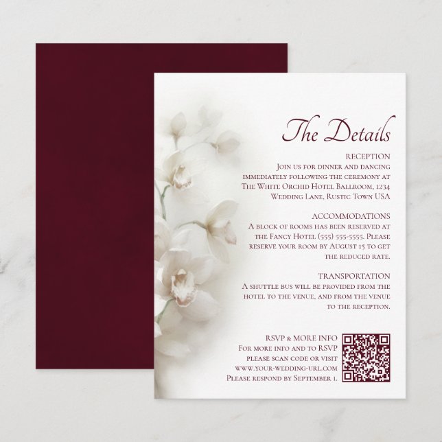 Carte D'accompagnement Détails de mariage avec code QR Orchidées blanches (Devant / Derrière)