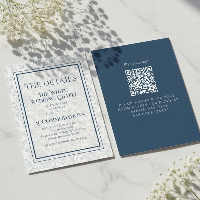 Carte D'accompagnement Détails de mariage avec code QR Toile florale élég (Formally invite guests to your big day with this Elegant Floral Toile QR Code Wedding Details Card!)