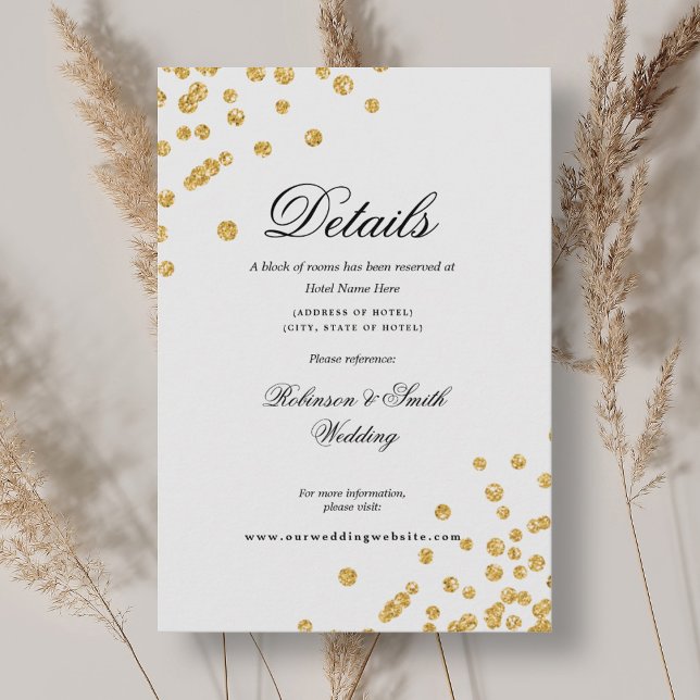 Carte D'accompagnement Détails de mariage avec confettis or script romant (Romantic Script Gold Confetti Wedding Details Enclosure Card)