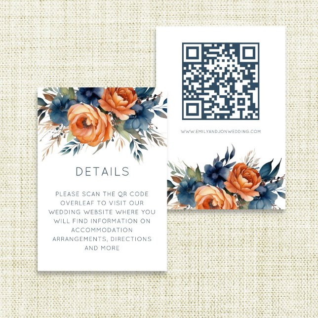 Carte D'accompagnement Détails de mariage avec des florales bleu marine e (front and back view)