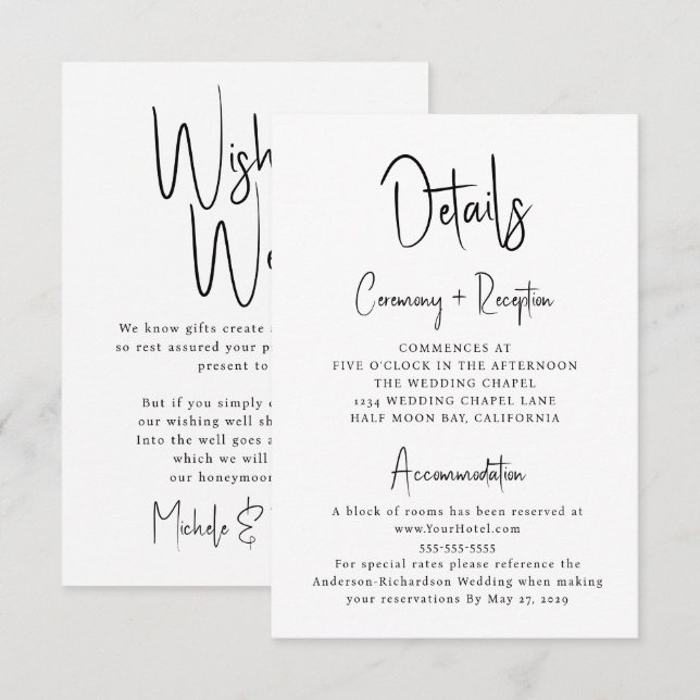 Carte D'accompagnement Détails de mariage avec écriture minimale Souhaits (Devant / Derrière)