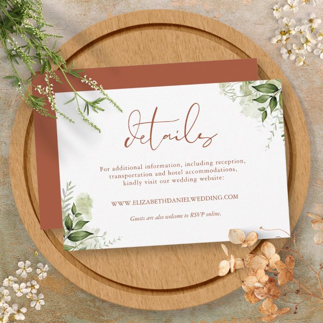 Carte D'accompagnement Détails de mariage avec feuilles de verdure rustiq (Terracotta Rustic Greenery Leaves Wedding Details Enclosure Card)