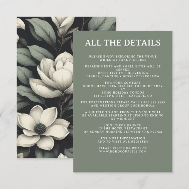 Carte D'accompagnement Détails de mariage avec fleurs blanches et verdure (Devant / Derrière)