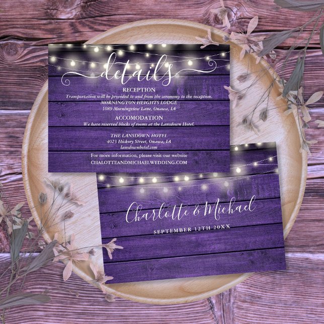 Carte D'accompagnement Détails de mariage avec guirlande lumineuse en boi (Purple Wood String Lights Script Wedding Details Enclosure Card)