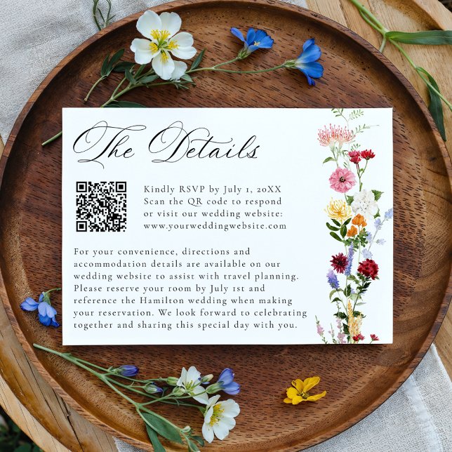Carte D'accompagnement Détails de mariage avec QR Code de fleur sauvage c (Créateur téléchargé)