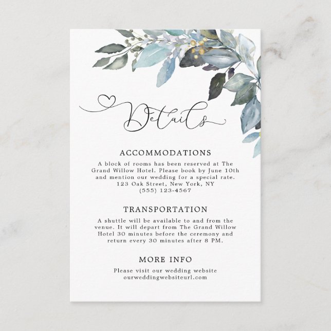 Carte D'accompagnement Détails de mariage avec une élégante verdure simpl (Devant)