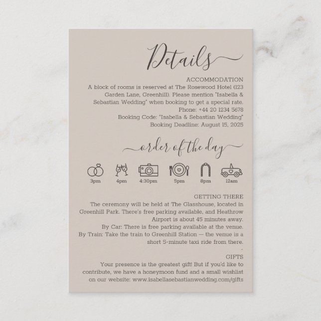 Carte D'accompagnement Détails de mariage beige doux (Devant)
