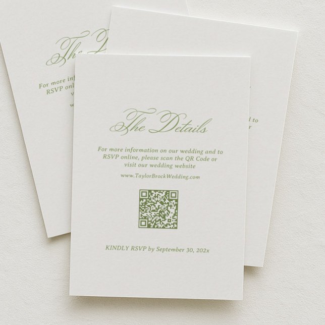 Carte D'accompagnement Détails de mariage blanc et vert Code Qr RSVP (Créateur téléchargé)