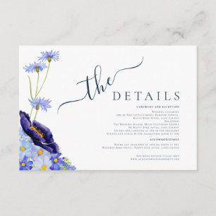 Carte D'accompagnement Détails de mariage bleu à l'aquarelle de fleurs sa