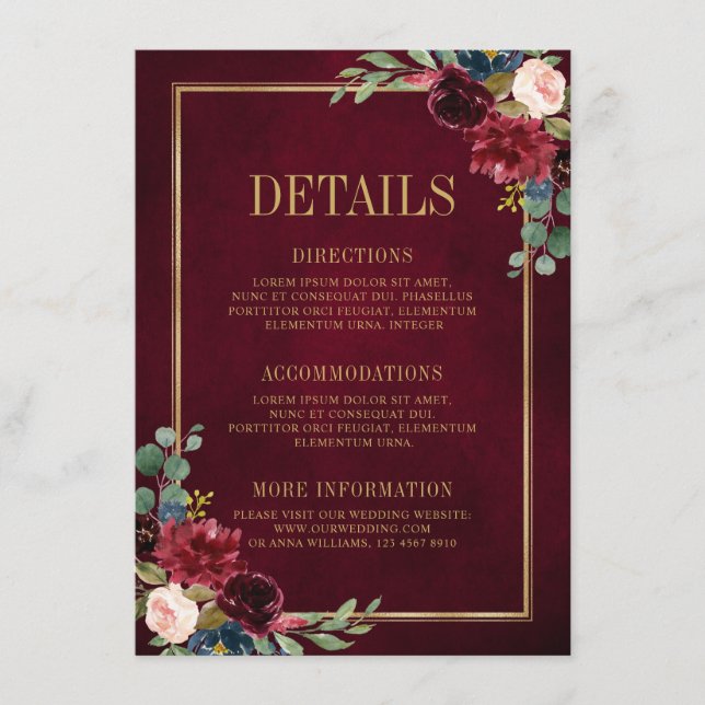 Carte D'accompagnement Détails de mariage bleu marine or floral Bourgogne (Devant)