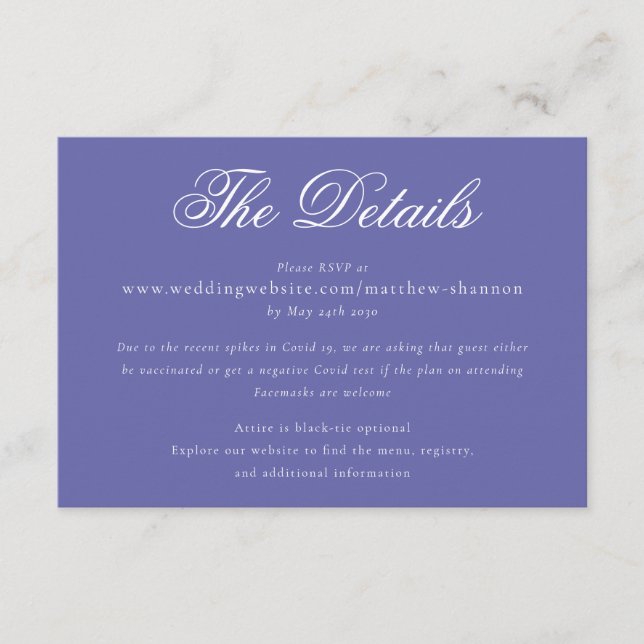 Carte D'accompagnement Détails de mariage bleu Pervenche de script élégan (Devant)