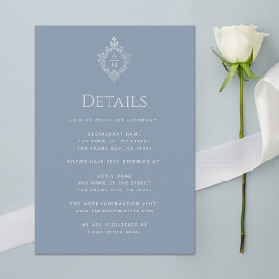 Carte D'accompagnement Détails de mariage bleu poussiéreux de crête Monog