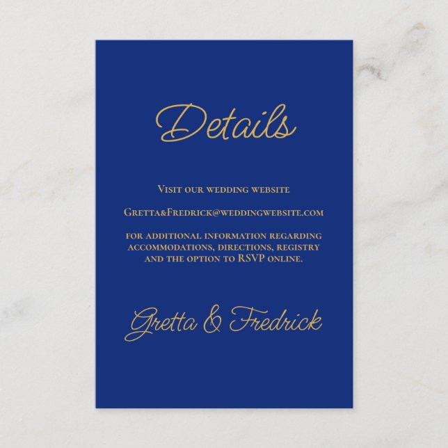 Carte D'accompagnement Détails de mariage bleu royal et or (Devant)