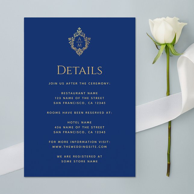 Carte D'accompagnement Détails de mariage bleu royal Monogram avec blason (Créateur téléchargé)