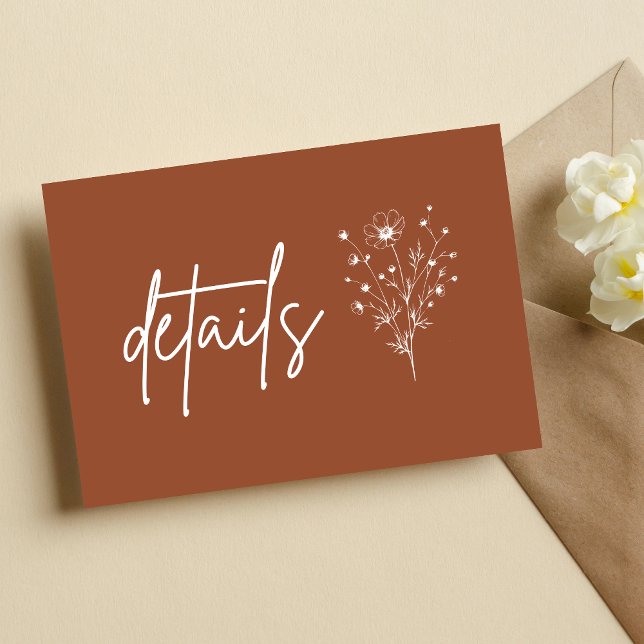 Carte D'accompagnement Détails de mariage Bohème couleur orange brûlé rus (Rustic burnt orange boho details enclosure card shares key info with warm personalized charm)