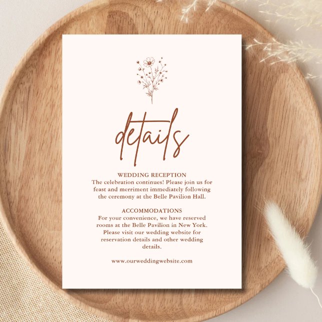 Carte D'accompagnement Détails de mariage Bohème couleur orange brûlé rus (Rustic burnt orange boho details enclosure card organizes key info with warm personalized charm)