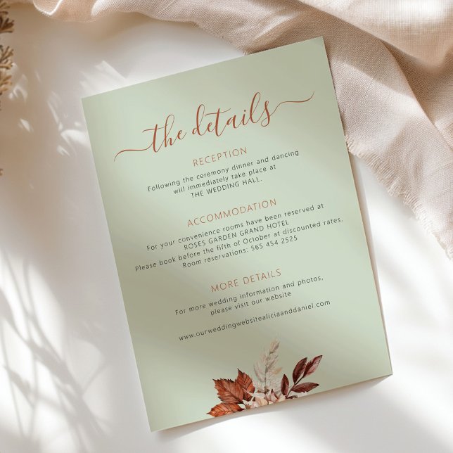 Carte D'accompagnement Détails de mariage bohème d'automne feuilles vert  (Créateur téléchargé)