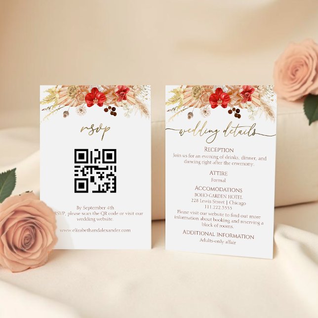 Carte D'accompagnement Détails de mariage bohème floral | RSVP | Code QR (Créateur téléchargé)