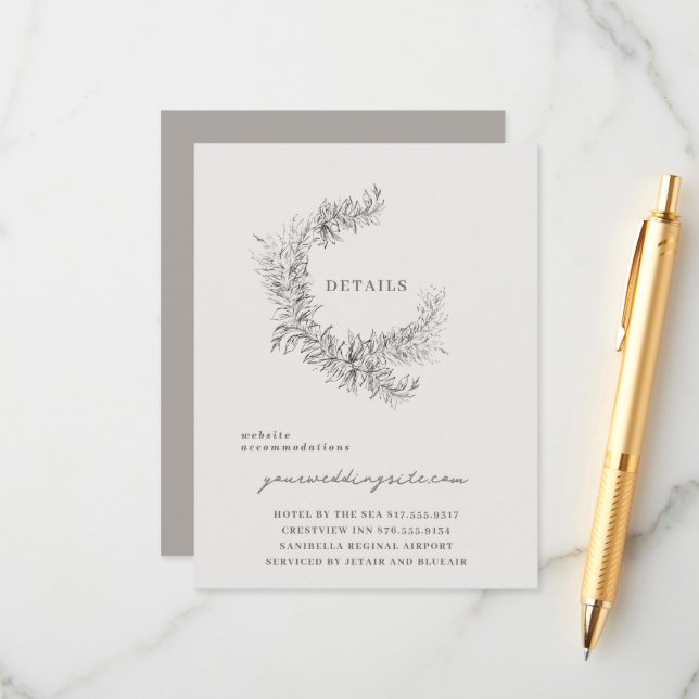 Carte D'accompagnement Détails de mariage botanique d'art fin (Devant/Arrière en situation)