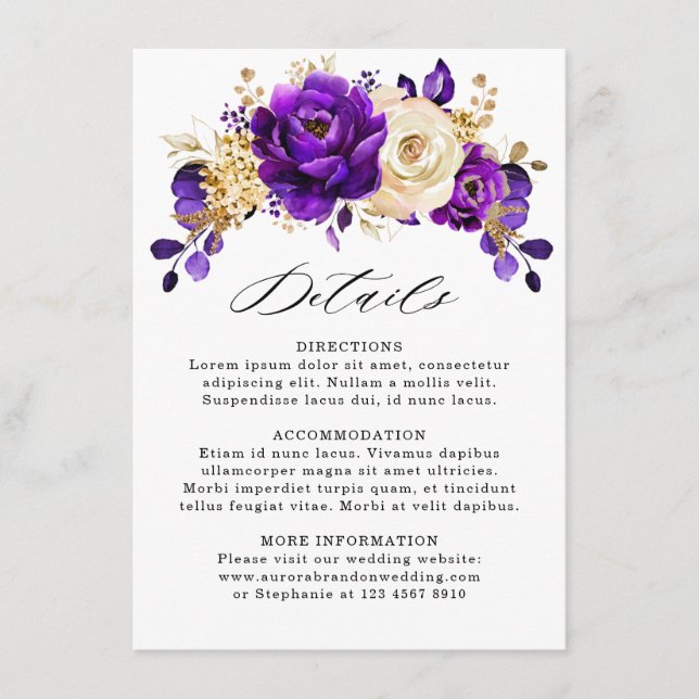 Carte D'accompagnement Détails de mariage botanique violet or royal (Devant)
