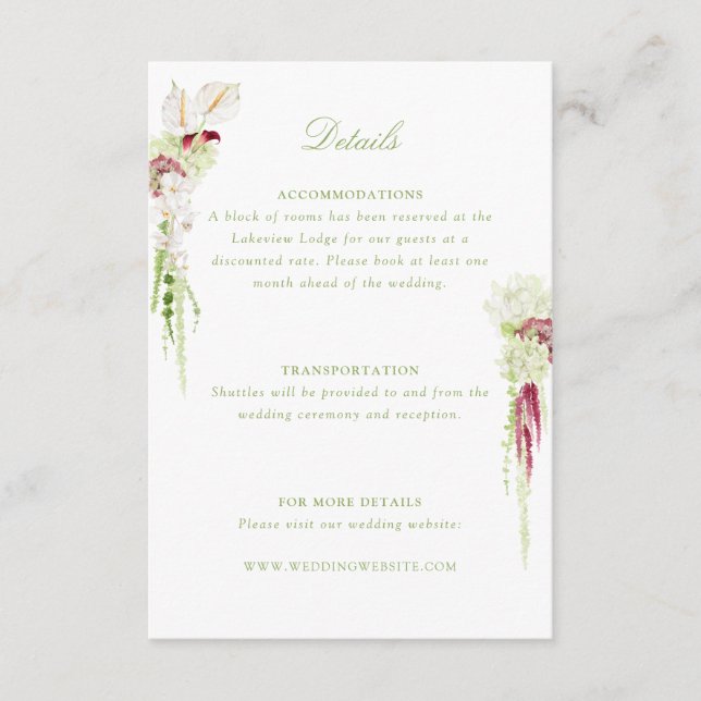 Carte D'accompagnement Détails de mariage Bouquet en cascade d'Anthurium (Devant)
