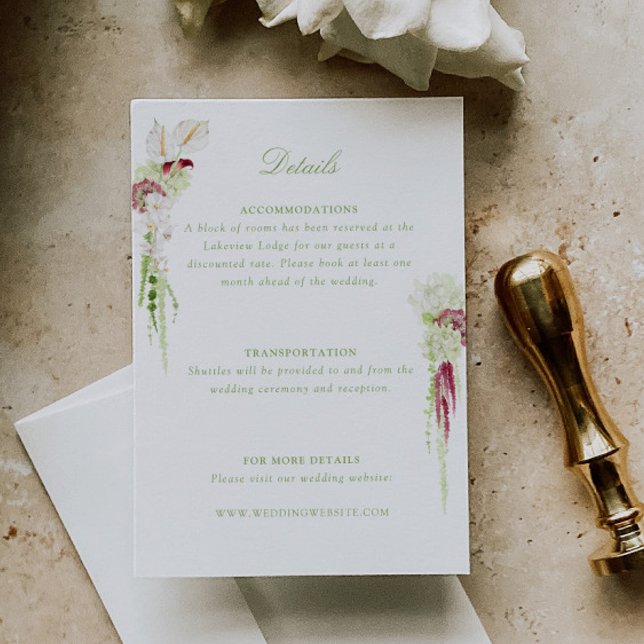 Carte D'accompagnement Détails de mariage Bouquet en cascade d'Anthurium (Créateur téléchargé)