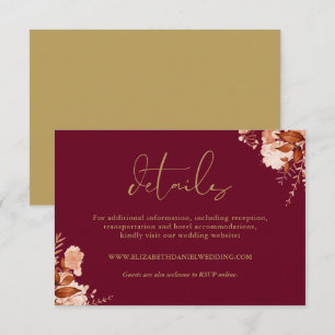 Carte D'accompagnement Détails de mariage burgundy et or à motif floral r