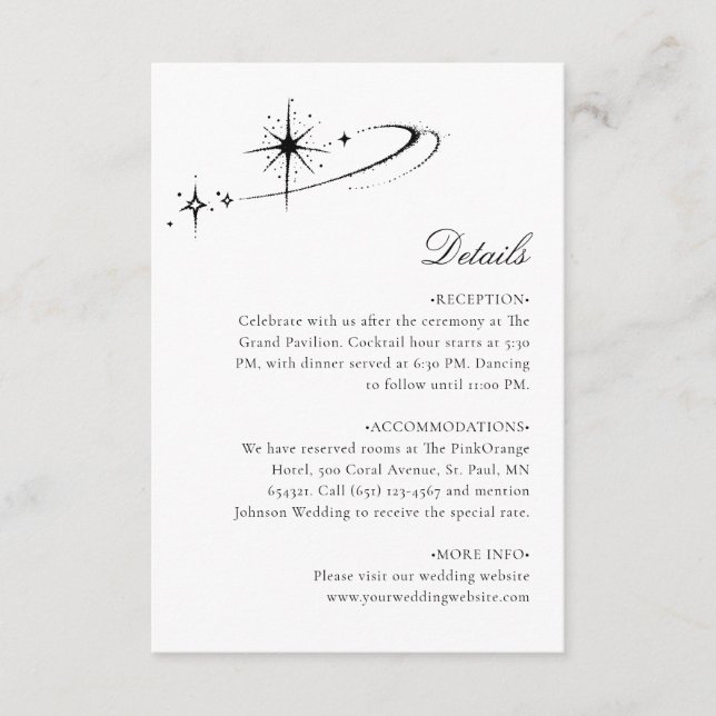Carte D'accompagnement Détails de mariage céleste minimaliste étoilé (Devant)