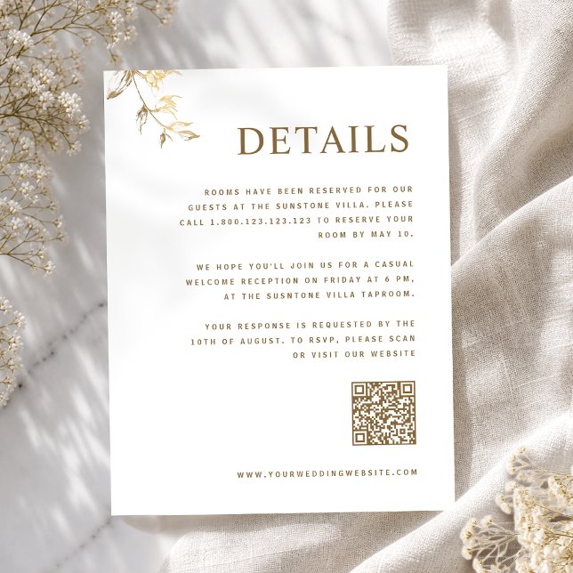 Carte D'accompagnement Détails de mariage chic blanc et or avec code Qr E (Créateur téléchargé)
