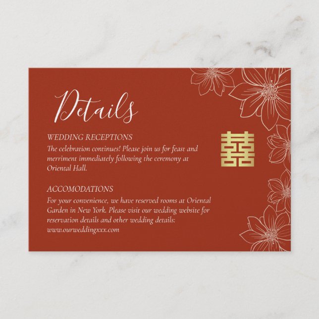 Carte D'accompagnement Détails de mariage chinois floraux modernes rouges (Devant)