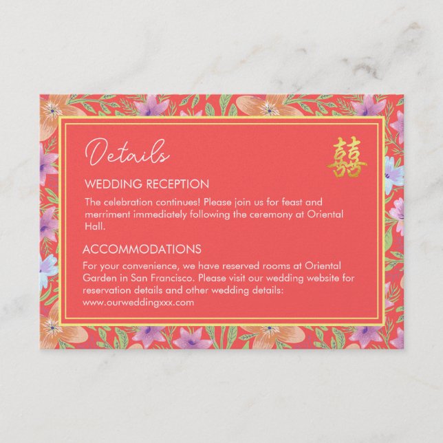 Carte D'accompagnement Détails de mariage chinois floraux Peranakan rouge (Devant)
