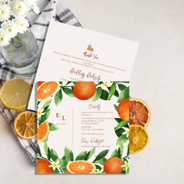 Carte D'accompagnement Détails de mariage Citrus Orange Végétation Rustiq (Rustic Greenery Citrus Orange Wedding Details Enclosure Card)