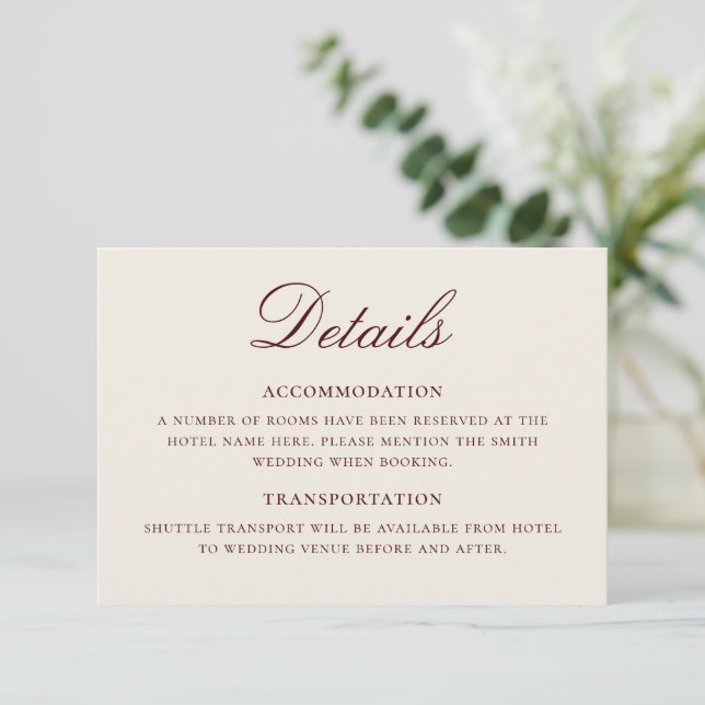 Carte D'accompagnement Détails de mariage classique élégant en bordeaux e (Debout devant)