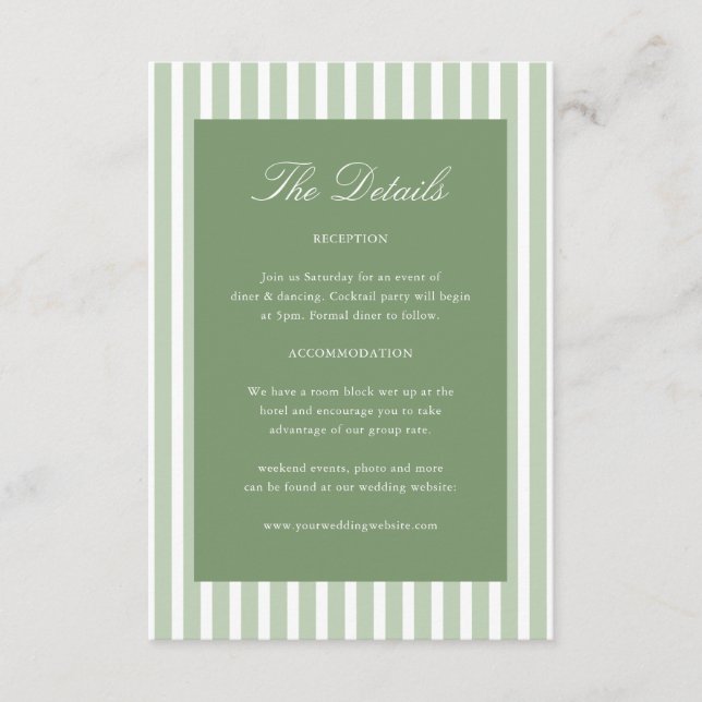 Carte D'accompagnement Détails de mariage classique vert rayé (Devant)
