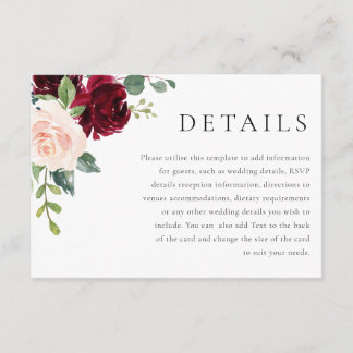 Carte D'accompagnement Détails de mariage classiques en Bourgogne et rose