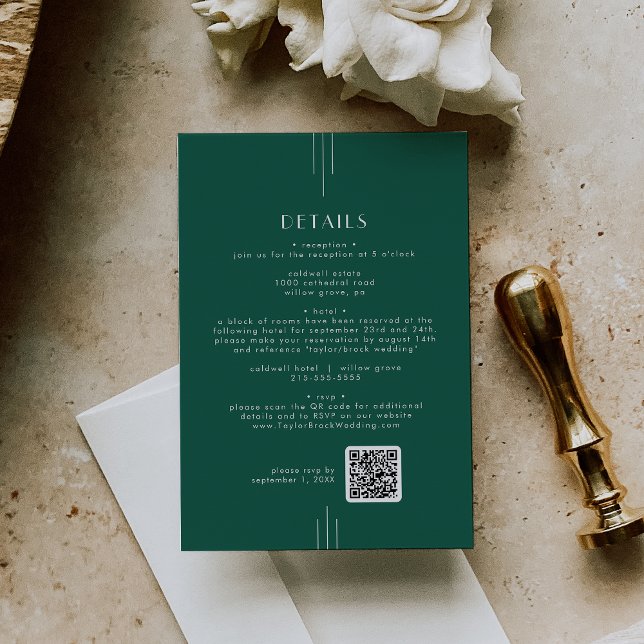 Carte D'accompagnement Détails de mariage Code QR Art Déco Emeraude EVERL (EVERLY Art Deco Emerald QR Code Wedding Details Enclosure Card)