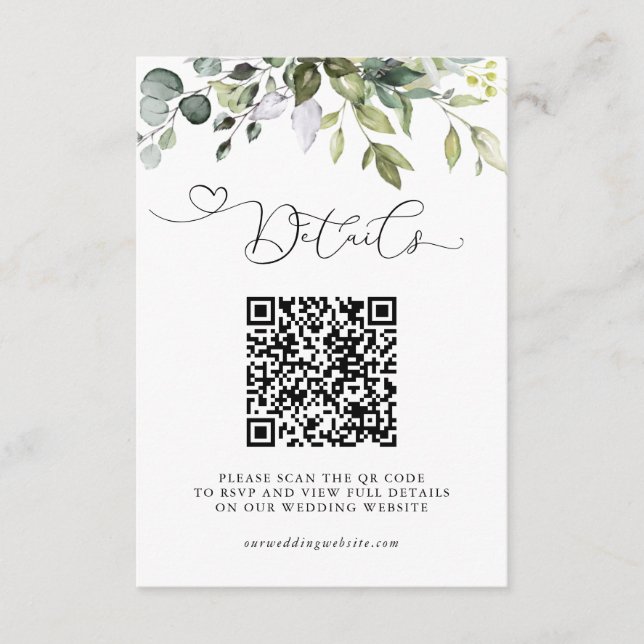 Carte D'accompagnement Détails de mariage Code QR avec feuilles d'Eucalyp (Devant)