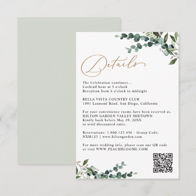 Carte D'accompagnement Détails de mariage Code QR Elegant Greenery Or (Devant / Derrière)
