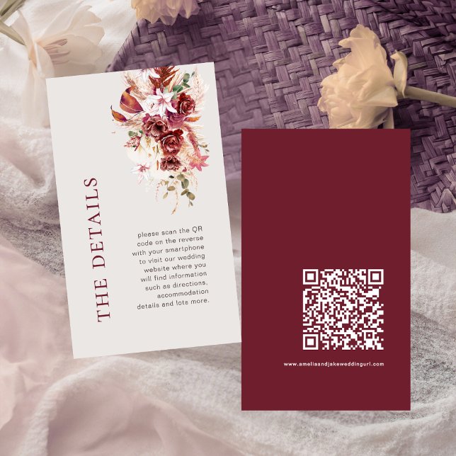 Carte D'accompagnement Détails de mariage code QR Mini Moderne Rouge Bour (Créateur téléchargé)